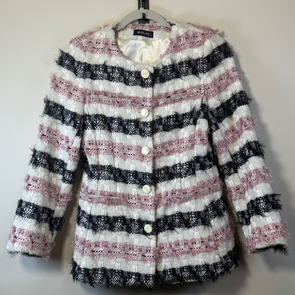 Moss‎ & Spy Pink Blue Striped Tweed Jacket Metallic Thread Women's AU10 US Med